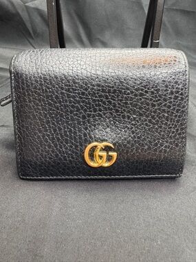 Gucci Black Pebbled Leather Mini Wallet with Gold Double G
